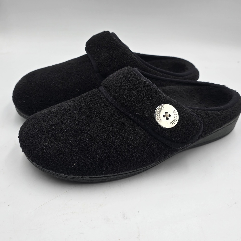 Vionic Sadie Slippers Women 7 Black Terry Mule Orthotic Adjustable Strap Comfort